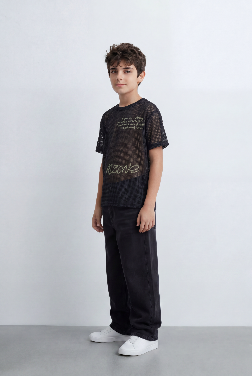 Boy’s Tomato Store Mesh Graphic T-Shirt Open Knit Construction Front And Back Artwork Oversized