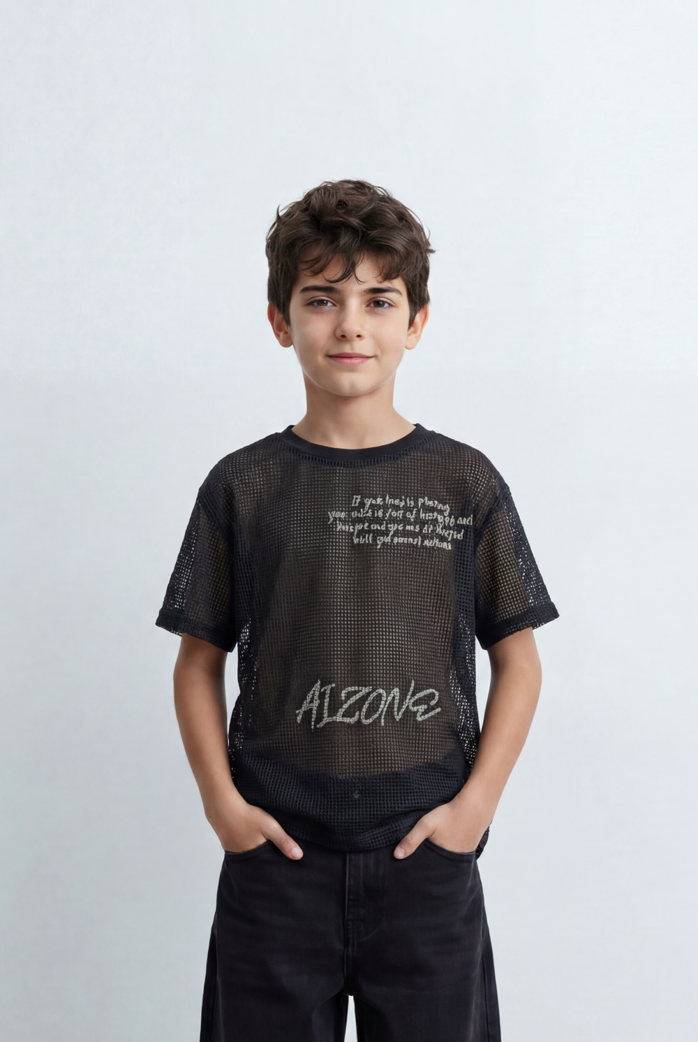 Boy’s Tomato Store Mesh Graphic T-Shirt Open Knit Construction Front And Back Artwork Oversized