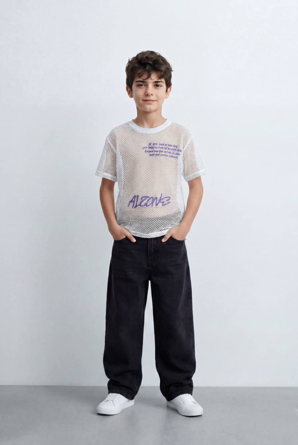 Boy’s Tomato Store Mesh Graphic T-Shirt Open Knit Construction Front And Back Artwork Oversized