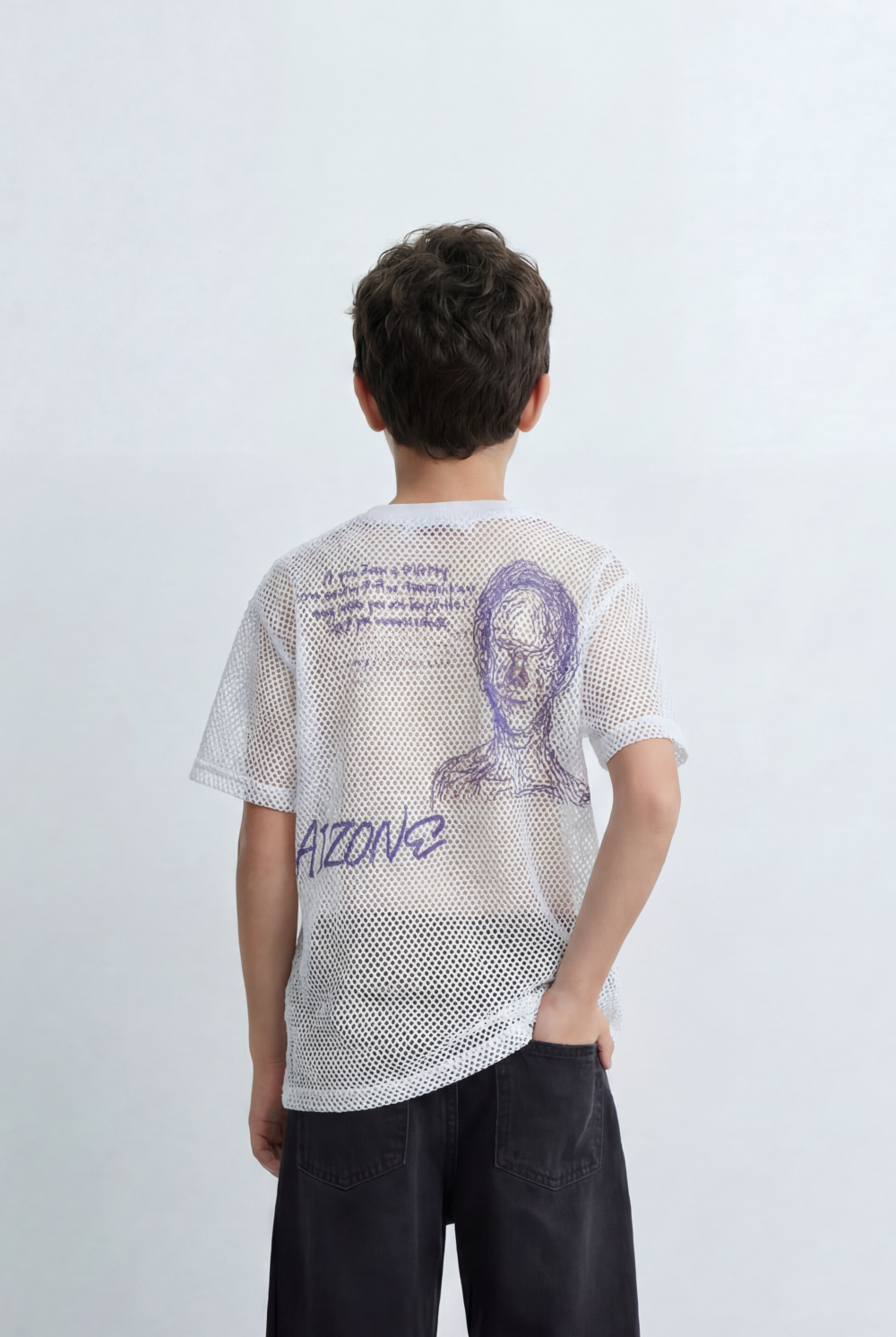 Boy’s Tomato Store Mesh Graphic T-Shirt Open Knit Construction Front And Back Artwork Oversized