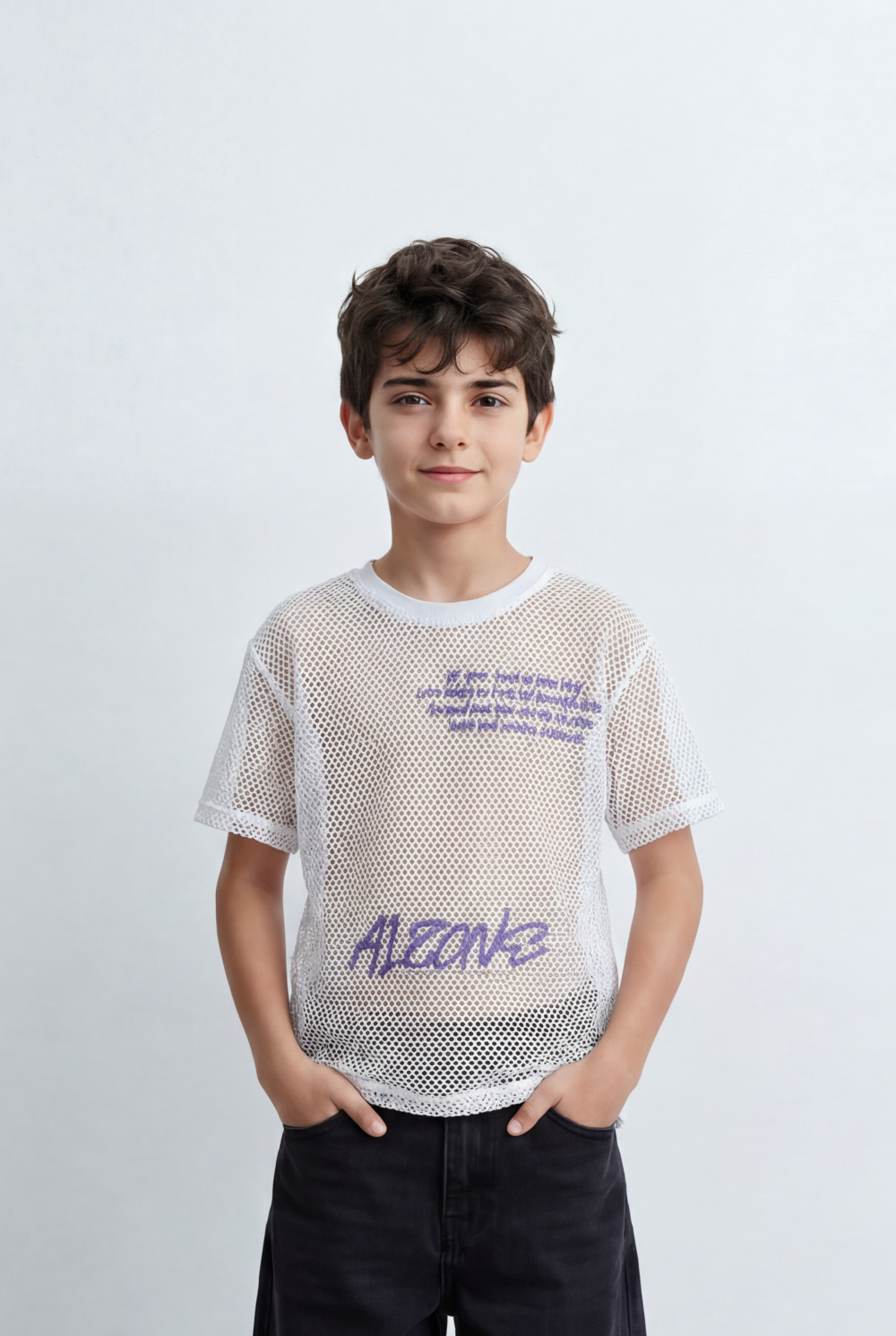 Boy’s Tomato Store Mesh Graphic T-Shirt Open Knit Construction Front And Back Artwork Oversized