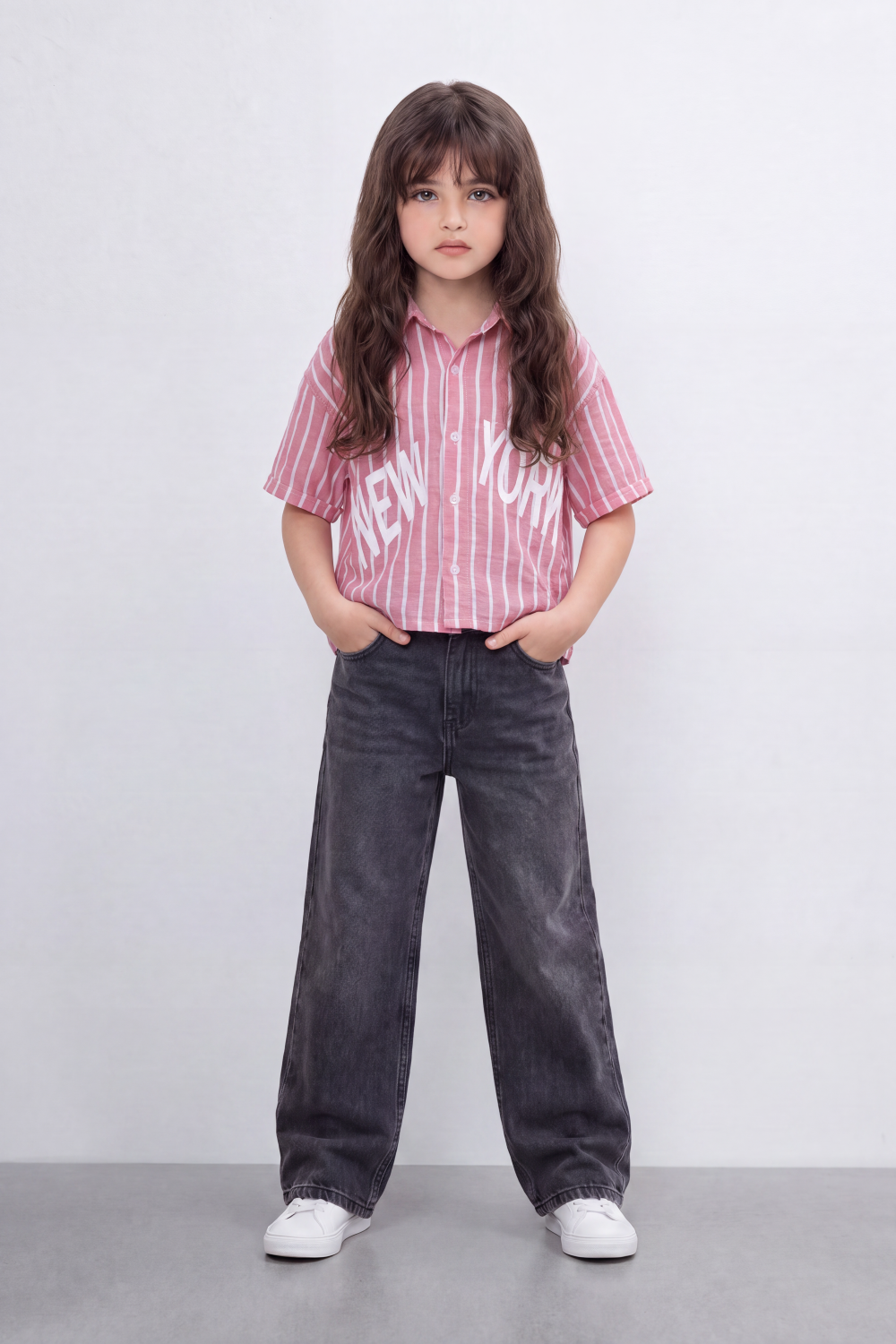 Girl's Tomato Store New York Stripe Blouse Bold Placement Typography Print Over Vertical Striped Pattern Relaxed
