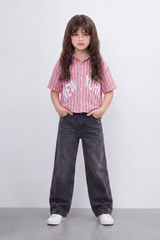 Girl's Tomato Store New York Stripe Blouse Bold Placement Typography Print Over Vertical Striped Pattern Relaxed