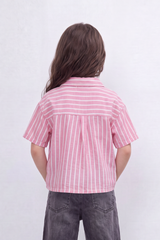 Girl's Tomato Store New York Stripe Blouse Bold Placement Typography Print Over Vertical Striped Pattern Relaxed