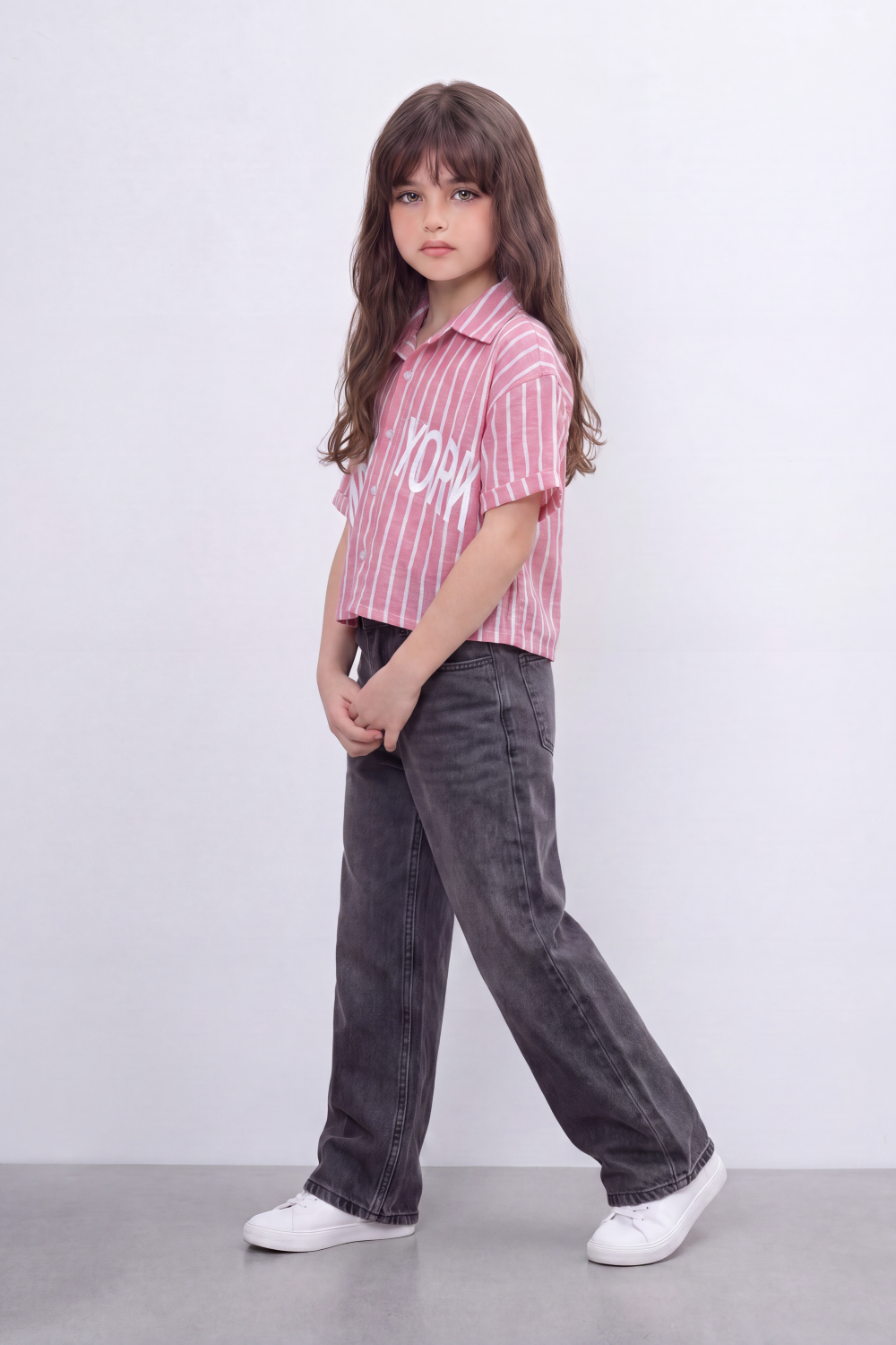 Girl's Tomato Store New York Stripe Blouse Bold Placement Typography Print Over Vertical Striped Pattern Relaxed