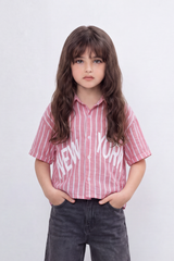 Girl's Tomato Store New York Stripe Blouse Bold Placement Typography Print Over Vertical Striped Pattern Relaxed