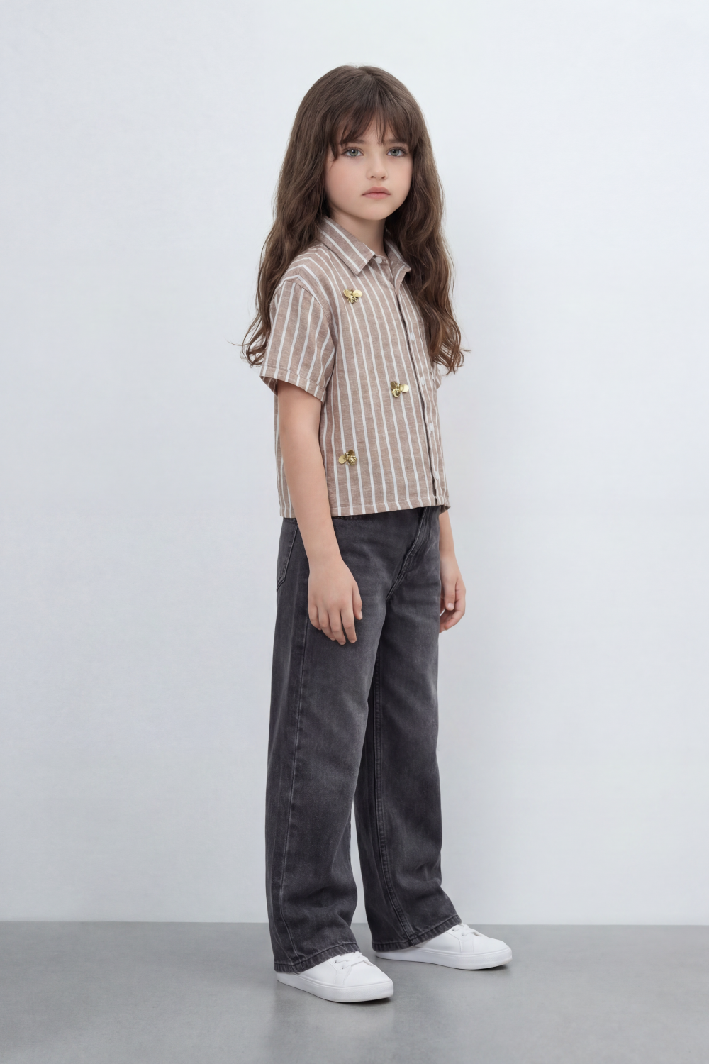 Girl's Tomato Store Butterfly Stripe Blouse Vertical Line Print Covers The Body With Raised Metallic Butterfly