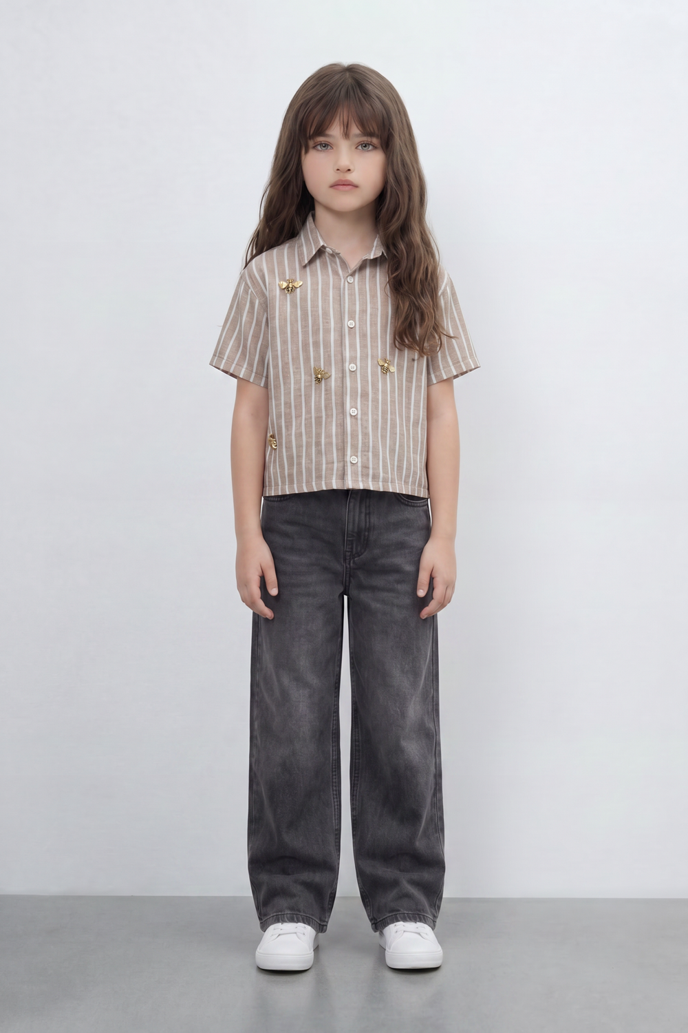Girl's Tomato Store Butterfly Stripe Blouse Vertical Line Print Covers The Body With Raised Metallic Butterfly