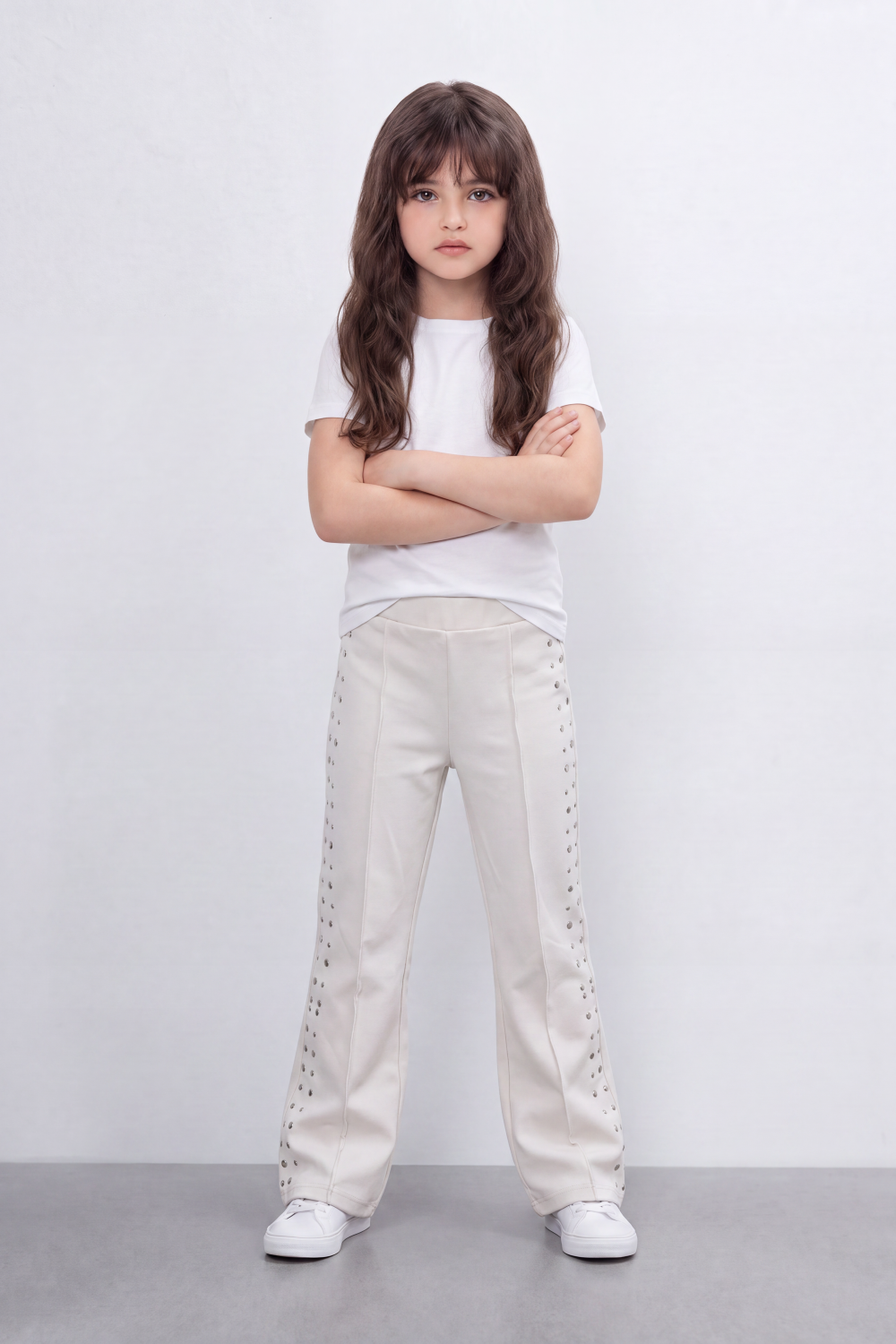 Girl's Tomato Store Stud Line Flare Legn Slim Fit Pants Framed With Side Stud Artwork Front Seam Detail Pull On Waist