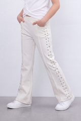 Girl's Tomato Store Stud Line Flare Legn Slim Fit Pants Framed With Side Stud Artwork Front Seam Detail Pull On Waist