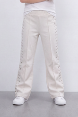 Girl's Tomato Store Stud Line Flare Legn Slim Fit Pants Framed With Side Stud Artwork Front Seam Detail Pull On Waist