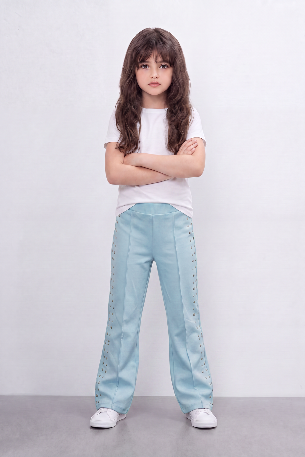 Girl's Tomato Store Stud Line Flare Legn Slim Fit Pants Framed With Side Stud Artwork Front Seam Detail Pull On Waist