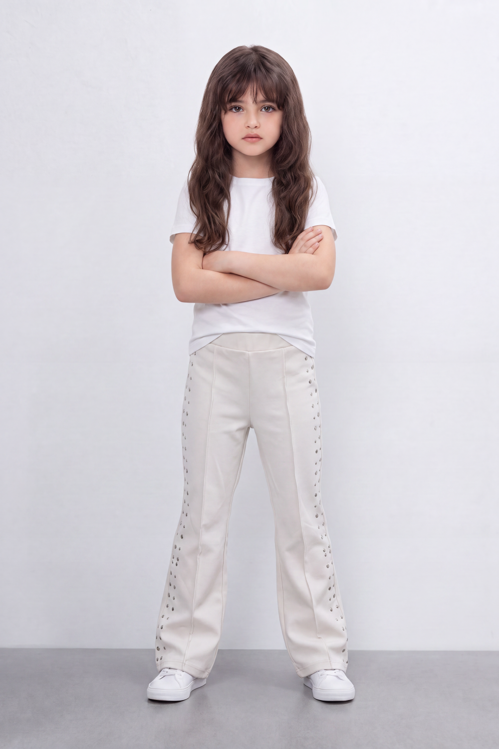 Girl's Tomato Store Stud Line Flare Legn Slim Fit Pants Framed With Side Stud Artwork Front Seam Detail Pull On Waist