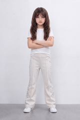 Girl's Tomato Store Stud Line Flare Legn Slim Fit Pants Framed With Side Stud Artwork Front Seam Detail Pull On Waist