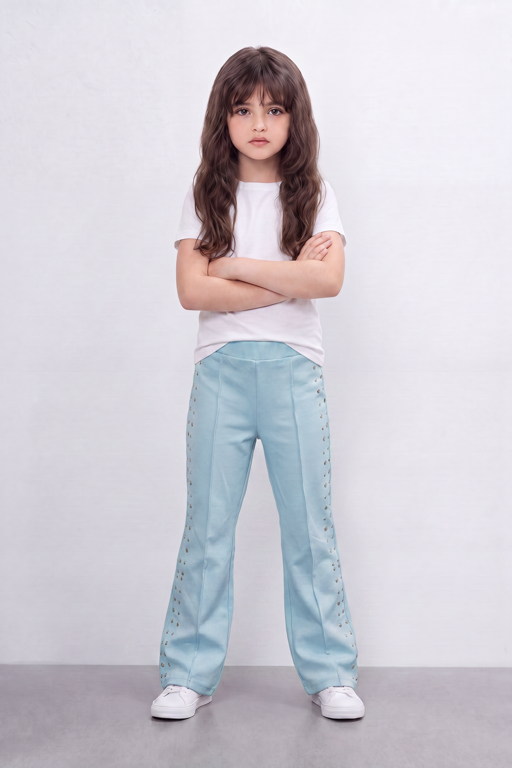 Girl's Tomato Store Stud Line Flare Legn Slim Fit Pants Framed With Side Stud Artwork Front Seam Detail Pull On Waist