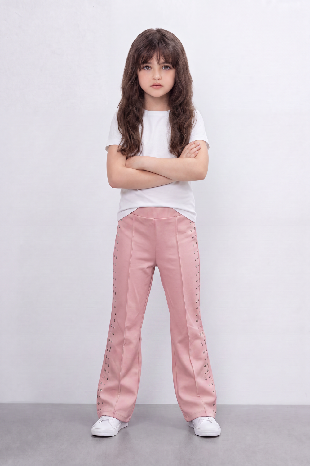 Girl's Tomato Store Stud Line Flare Legn Slim Fit Pants Framed With Side Stud Artwork Front Seam Detail Pull On Waist