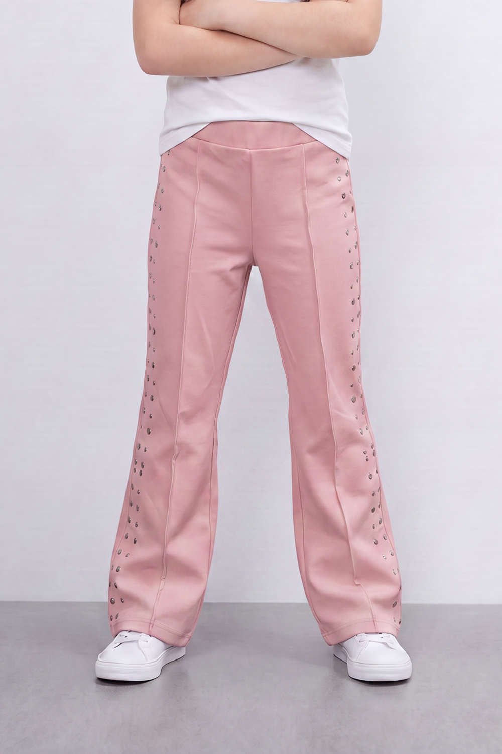 Girl's Tomato Store Stud Line Flare Legn Slim Fit Pants Framed With Side Stud Artwork Front Seam Detail Pull On Waist
