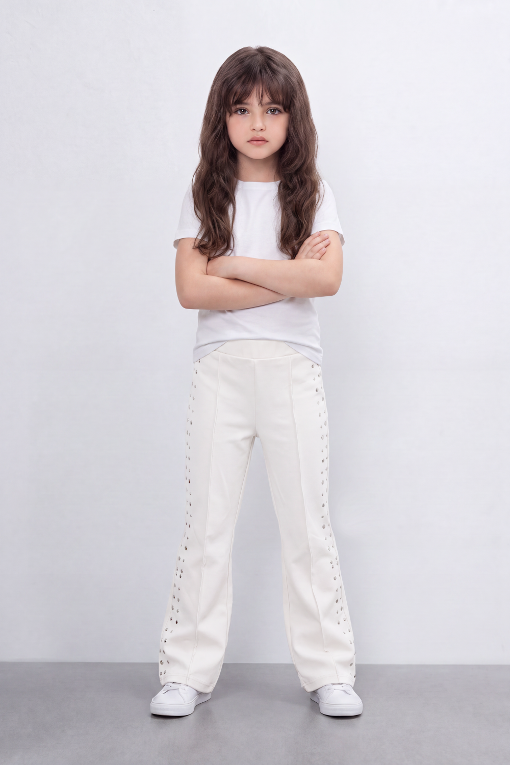 Girl's Tomato Store Stud Line Flare Legn Slim Fit Pants Framed With Side Stud Artwork Front Seam Detail Pull On Waist