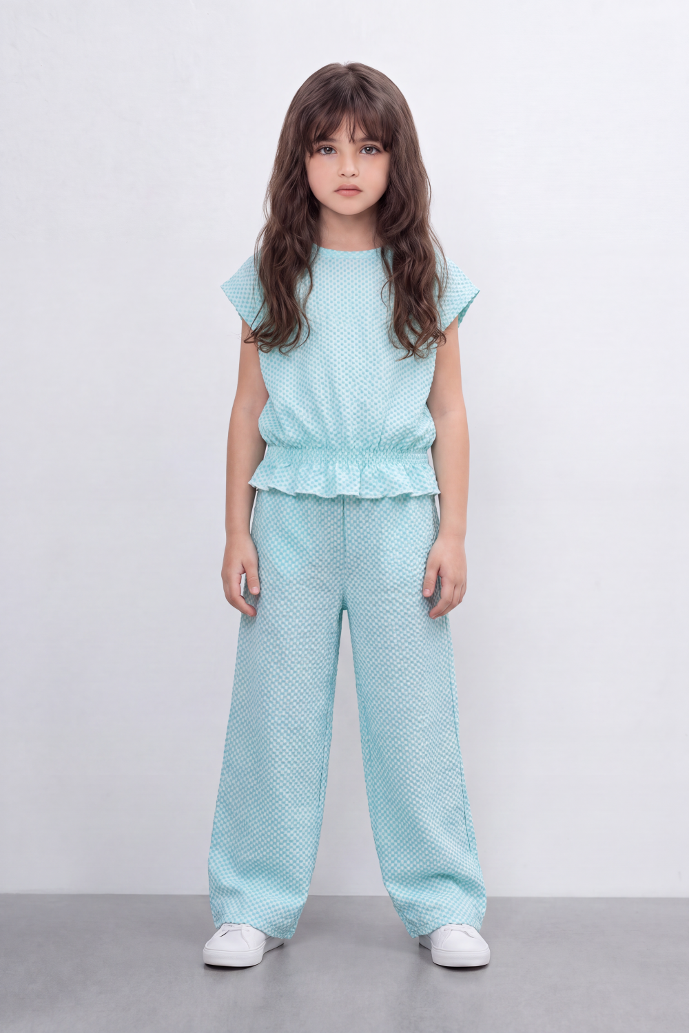Girl's Tomato Store Geo Ripple Co-Ord Set Allover Mini Diamond Pattern Over Raised Dobby Texture Stretch Outfit