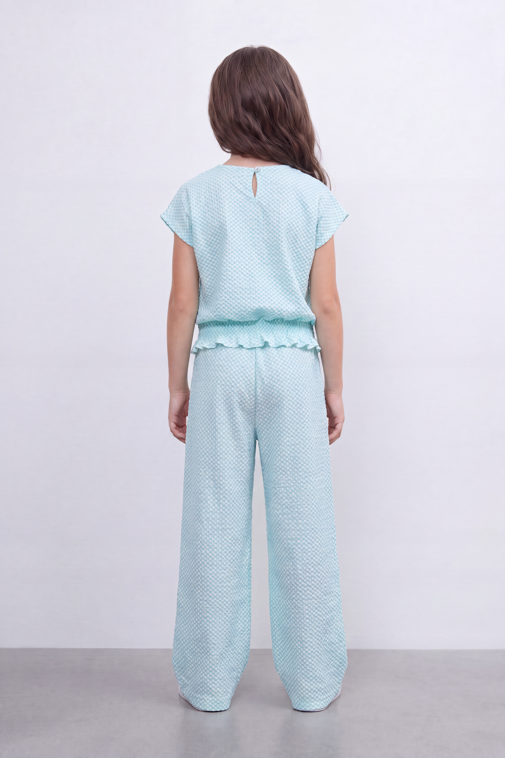 Girl's Tomato Store Geo Ripple Co-Ord Set Allover Mini Diamond Pattern Over Raised Dobby Texture Stretch Outfit