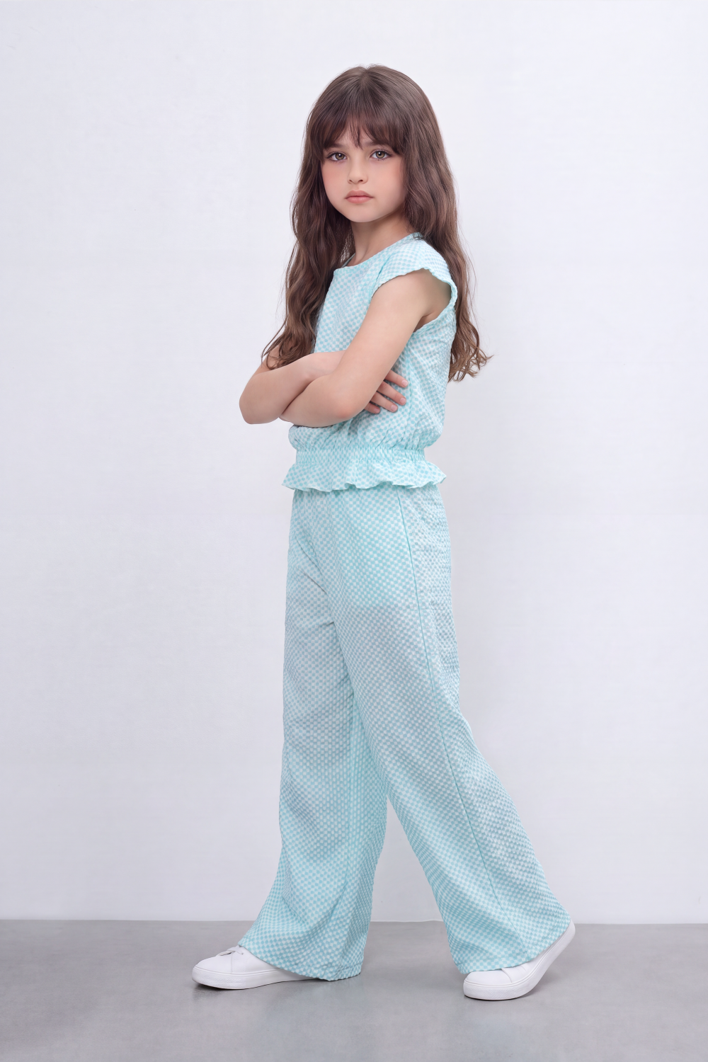 Girl's Tomato Store Geo Ripple Co-Ord Set Allover Mini Diamond Pattern Over Raised Dobby Texture Stretch Outfit