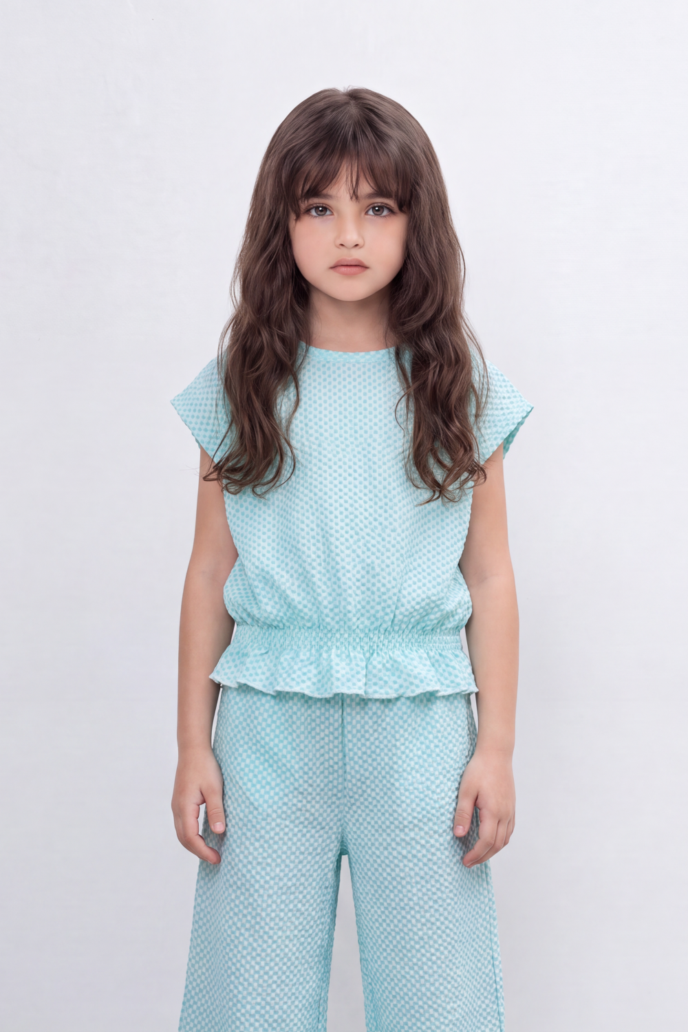 Girl's Tomato Store Geo Ripple Co-Ord Set Allover Mini Diamond Pattern Over Raised Dobby Texture Stretch Outfit