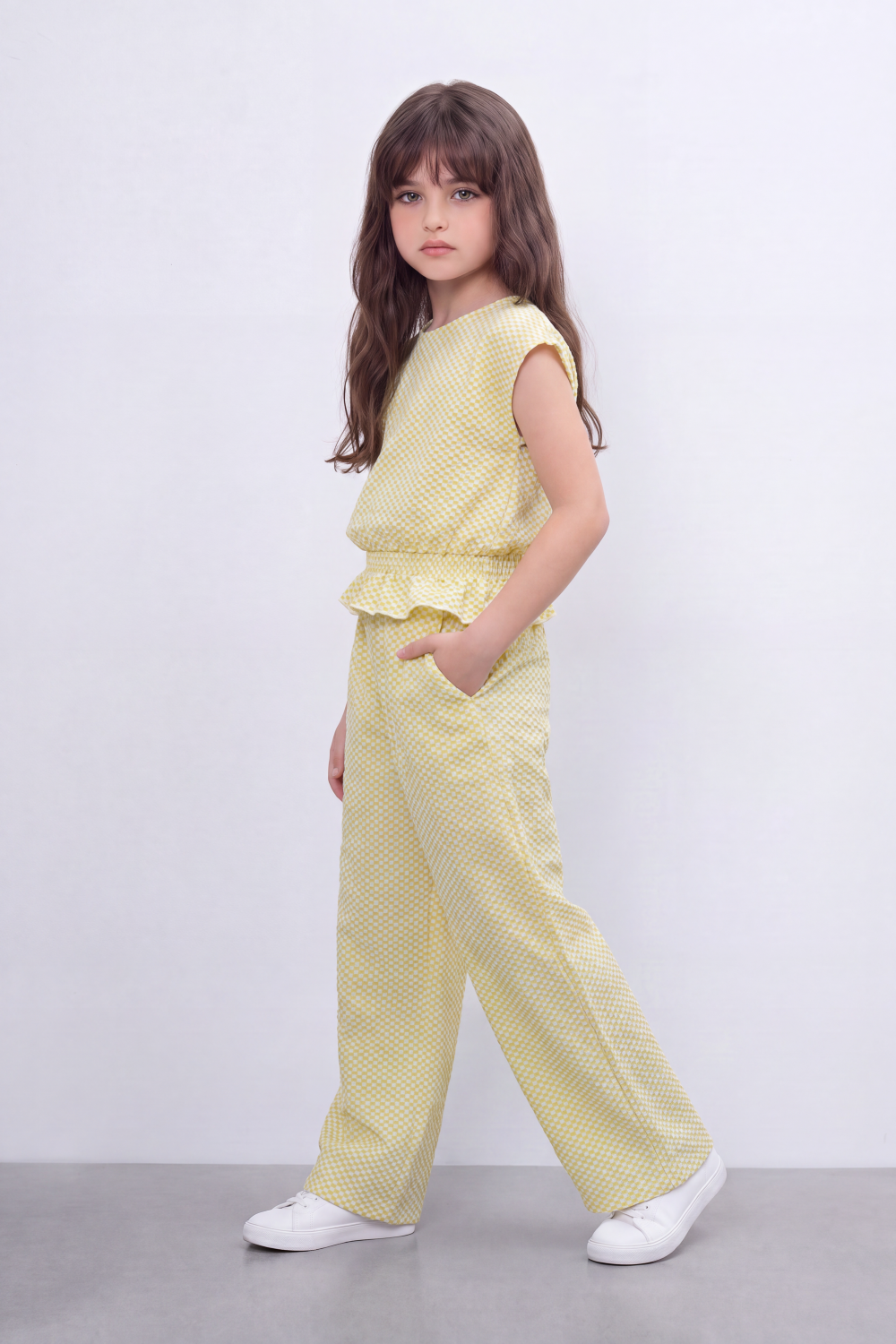 Girl's Tomato Store Geo Ripple Co-Ord Set Allover Mini Diamond Pattern Over Raised Dobby Texture Stretch Outfit