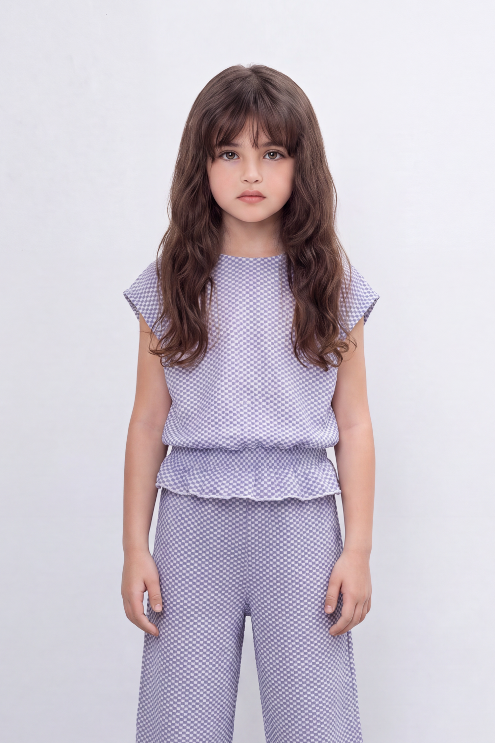 Girl's Tomato Store Geo Ripple Co-Ord Set Allover Mini Diamond Pattern Over Raised Dobby Texture Stretch Outfit