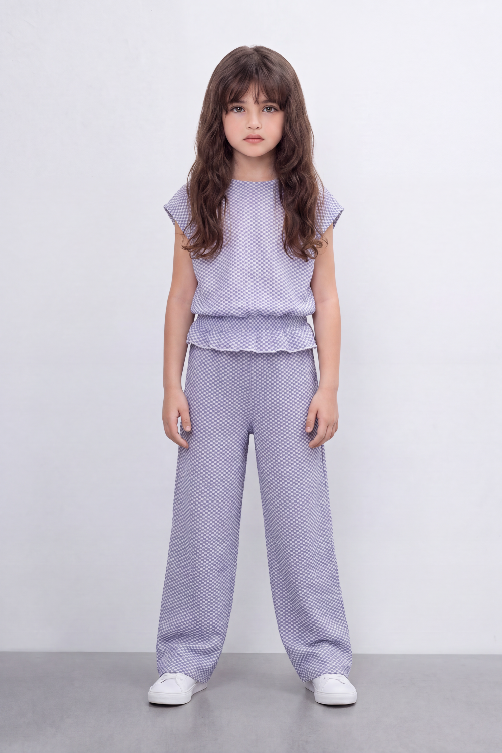 Girl's Tomato Store Geo Ripple Co-Ord Set Allover Mini Diamond Pattern Over Raised Dobby Texture Stretch Outfit