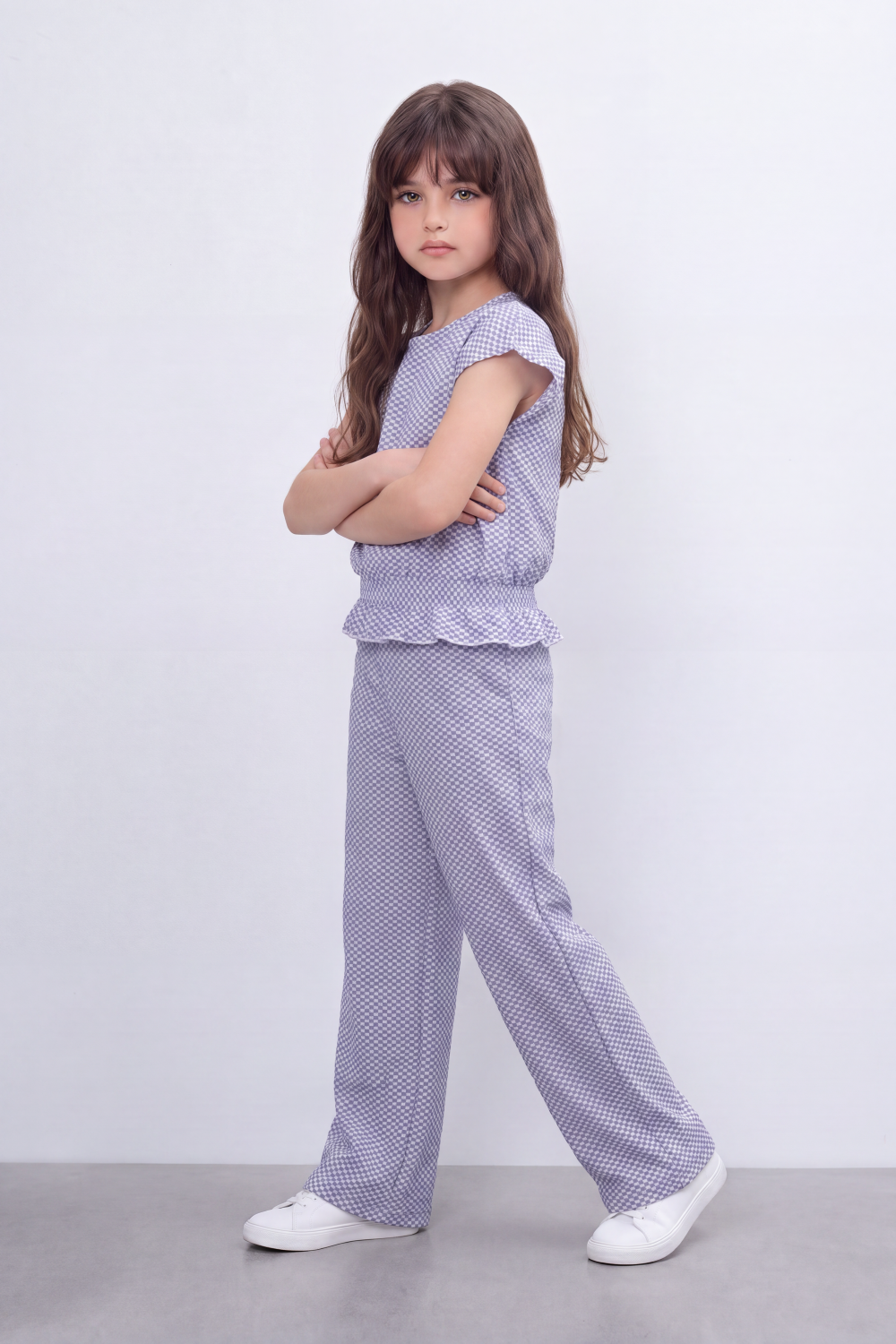 Girl's Tomato Store Geo Ripple Co-Ord Set Allover Mini Diamond Pattern Over Raised Dobby Texture Stretch Outfit