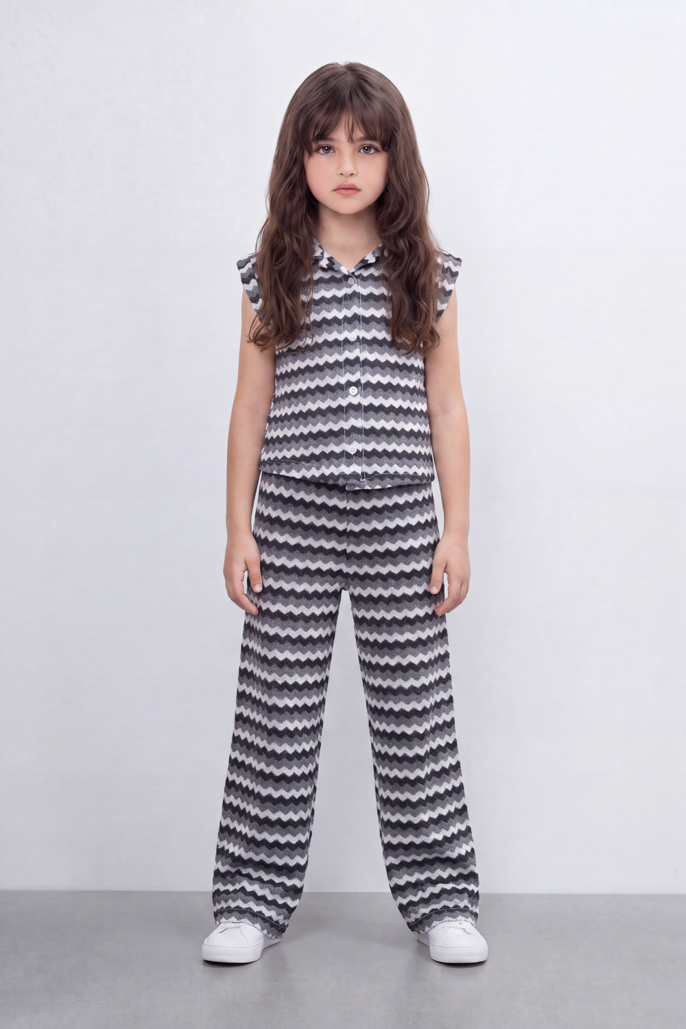 Girl's Tomato Store Zigzag Wave Co-Ord Set Allover Chevron Pattern With Raised Ripple Texture Button Front Detail Outfit