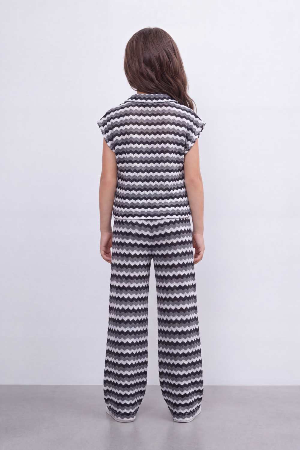 Girl's Tomato Store Zigzag Wave Co-Ord Set Allover Chevron Pattern With Raised Ripple Texture Button Front Detail Outfit