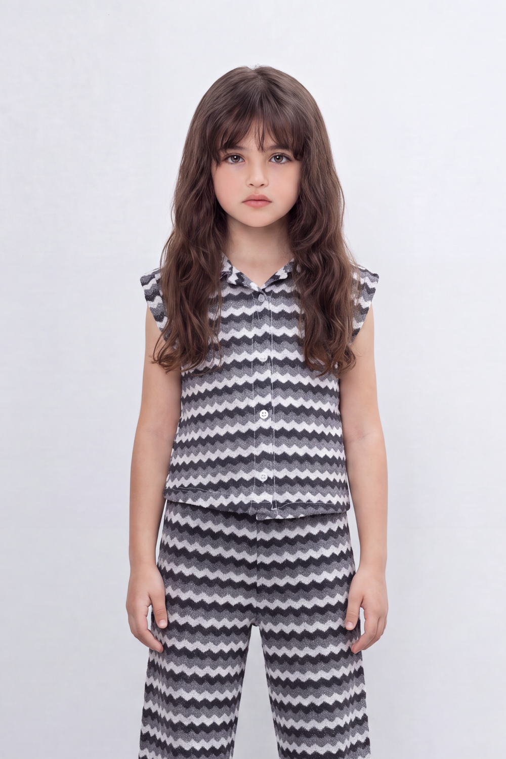 Girl's Tomato Store Zigzag Wave Co-Ord Set Allover Chevron Pattern With Raised Ripple Texture Button Front Detail Outfit