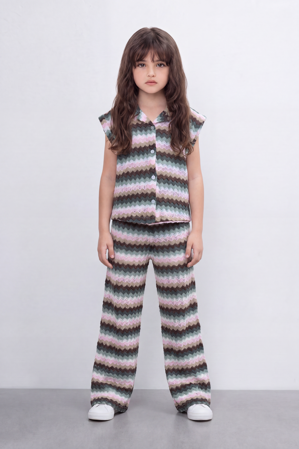 Girl's Tomato Store Zigzag Wave Co-Ord Set Allover Chevron Pattern With Raised Ripple Texture Button Front Detail Outfit