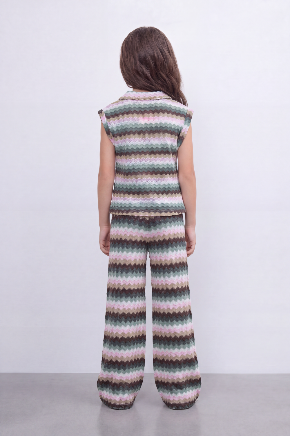 Girl's Tomato Store Zigzag Wave Co-Ord Set Allover Chevron Pattern With Raised Ripple Texture Button Front Detail Outfit