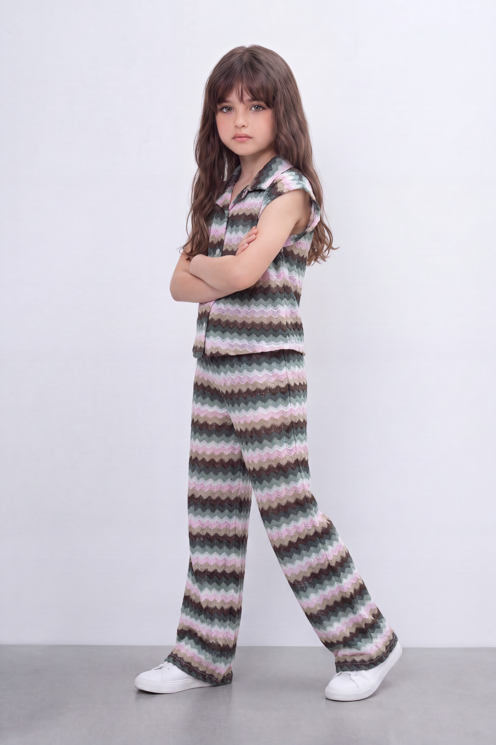 Girl's Tomato Store Zigzag Wave Co-Ord Set Allover Chevron Pattern With Raised Ripple Texture Button Front Detail Outfit