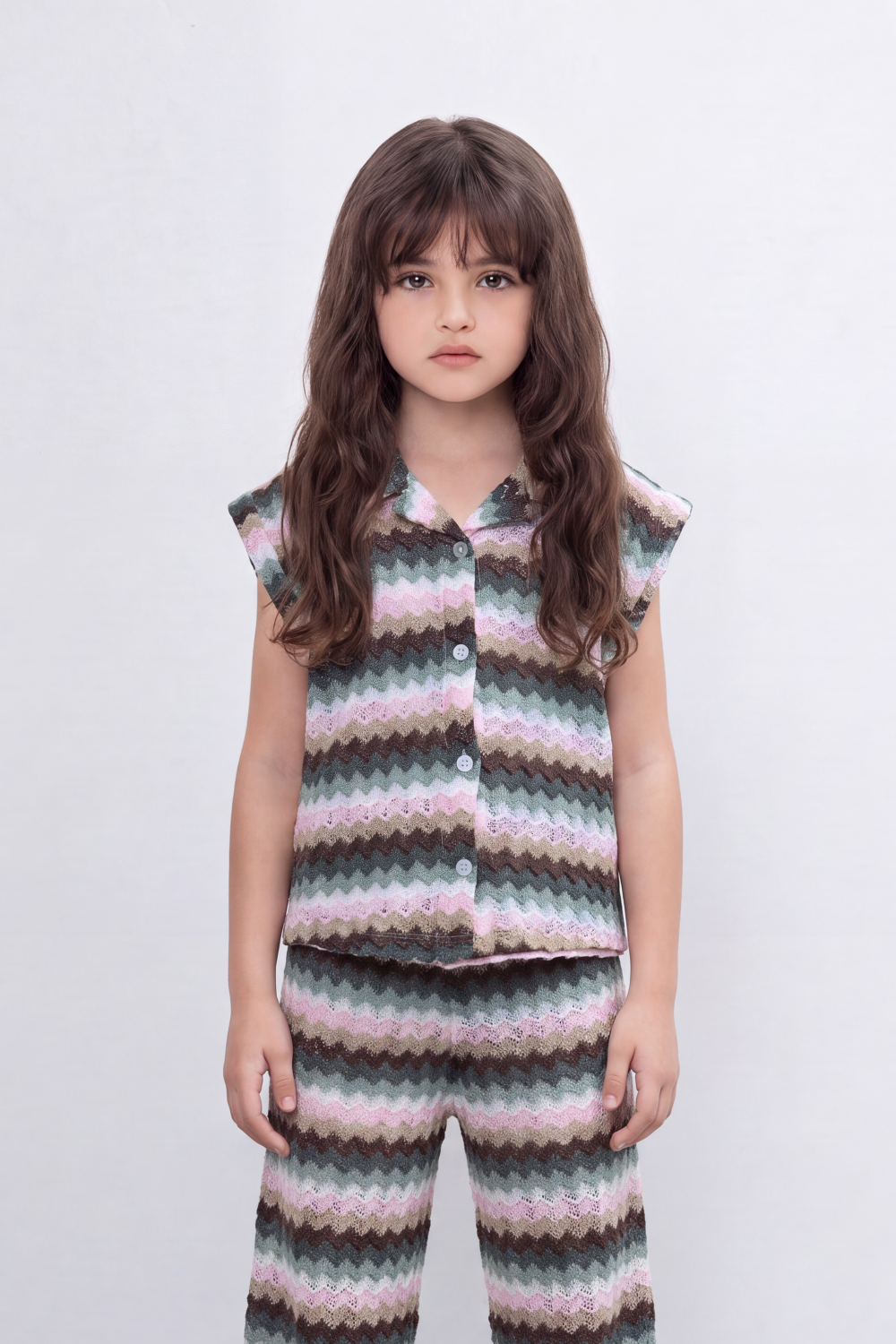 Girl's Tomato Store Zigzag Wave Co-Ord Set Allover Chevron Pattern With Raised Ripple Texture Button Front Detail Outfit