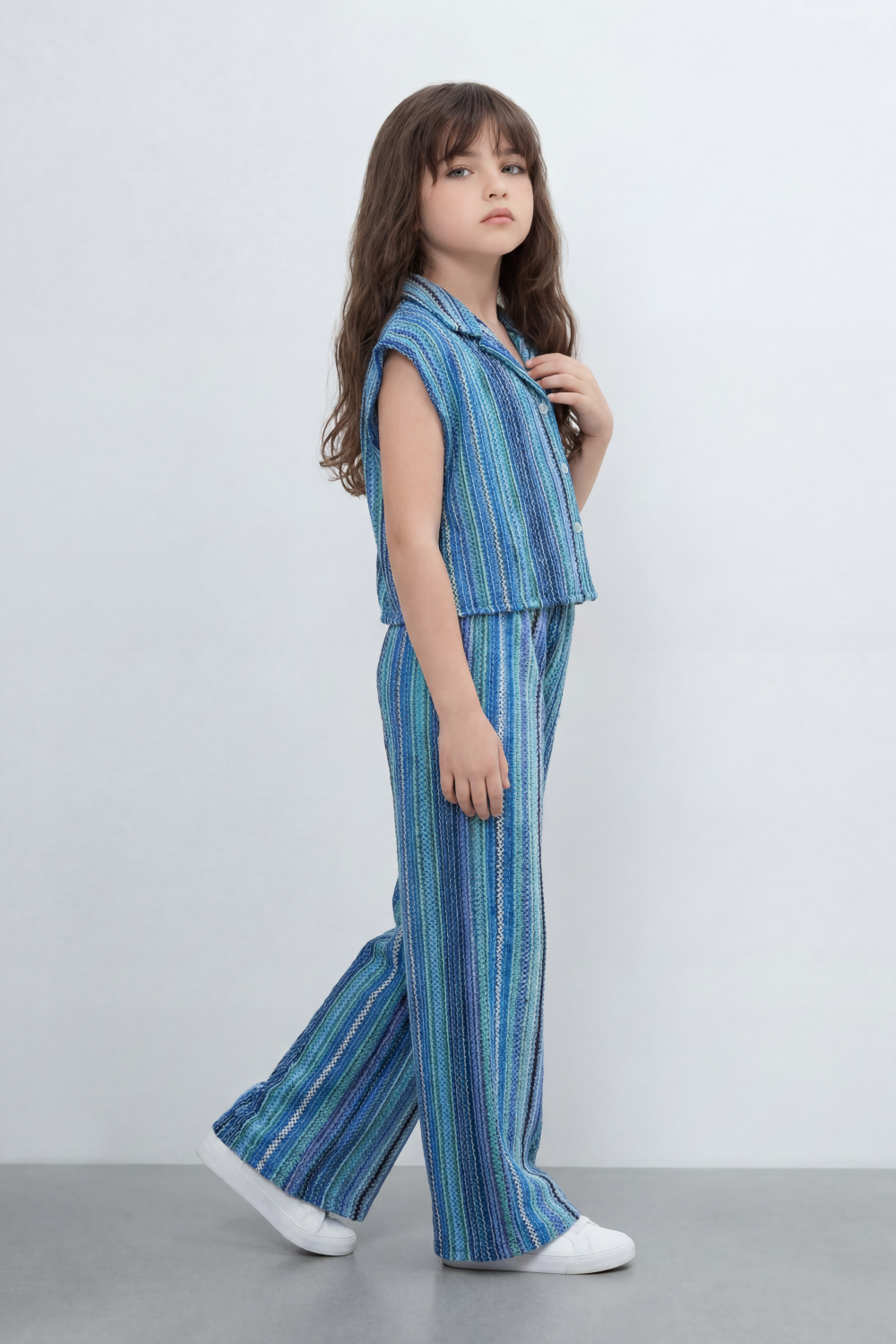 Girl's Tomato Store Prism Stripe Co-Ord Set With Allover Space Dyed Stripe Pattern Raised Rib Texture Outfit