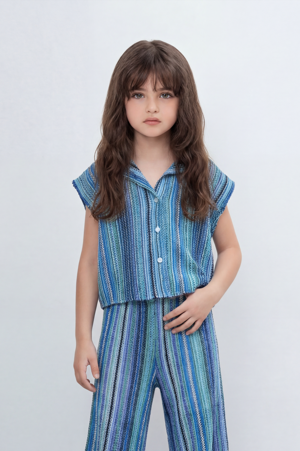Girl's Tomato Store Prism Stripe Co-Ord Set With Allover Space Dyed Stripe Pattern Raised Rib Texture Outfit