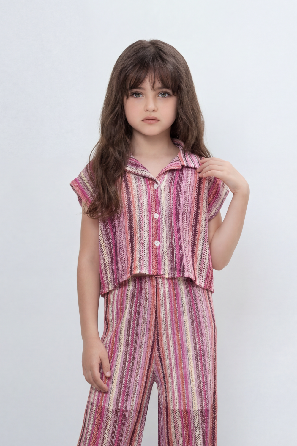 Girl's Tomato Store Prism Stripe Co-Ord Set With Allover Space Dyed Stripe Pattern Raised Rib Texture Outfit