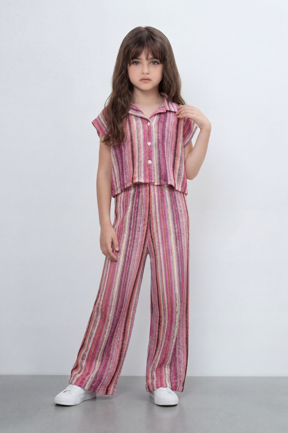 Girl's Tomato Store Prism Stripe Co-Ord Set With Allover Space Dyed Stripe Pattern Raised Rib Texture Outfit