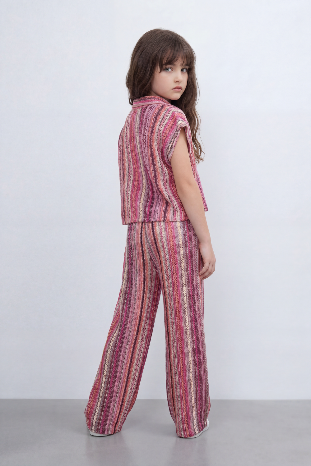 Girl's Tomato Store Prism Stripe Co-Ord Set With Allover Space Dyed Stripe Pattern Raised Rib Texture Outfit