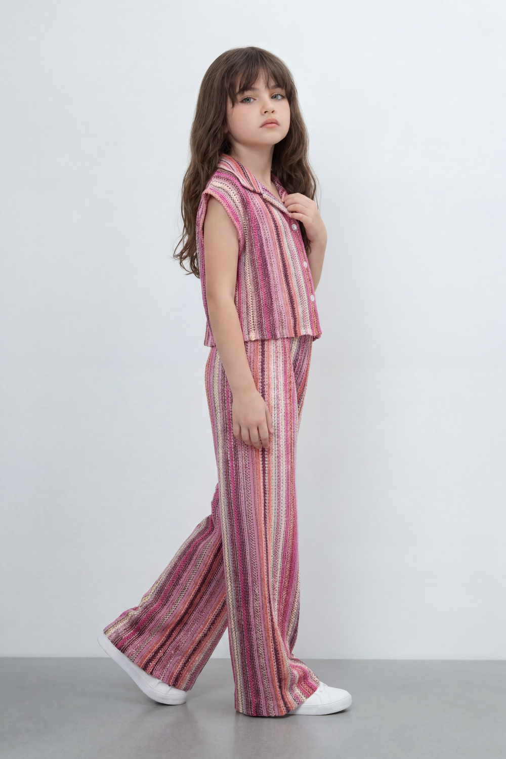 Girl's Tomato Store Prism Stripe Co-Ord Set With Allover Space Dyed Stripe Pattern Raised Rib Texture Outfit