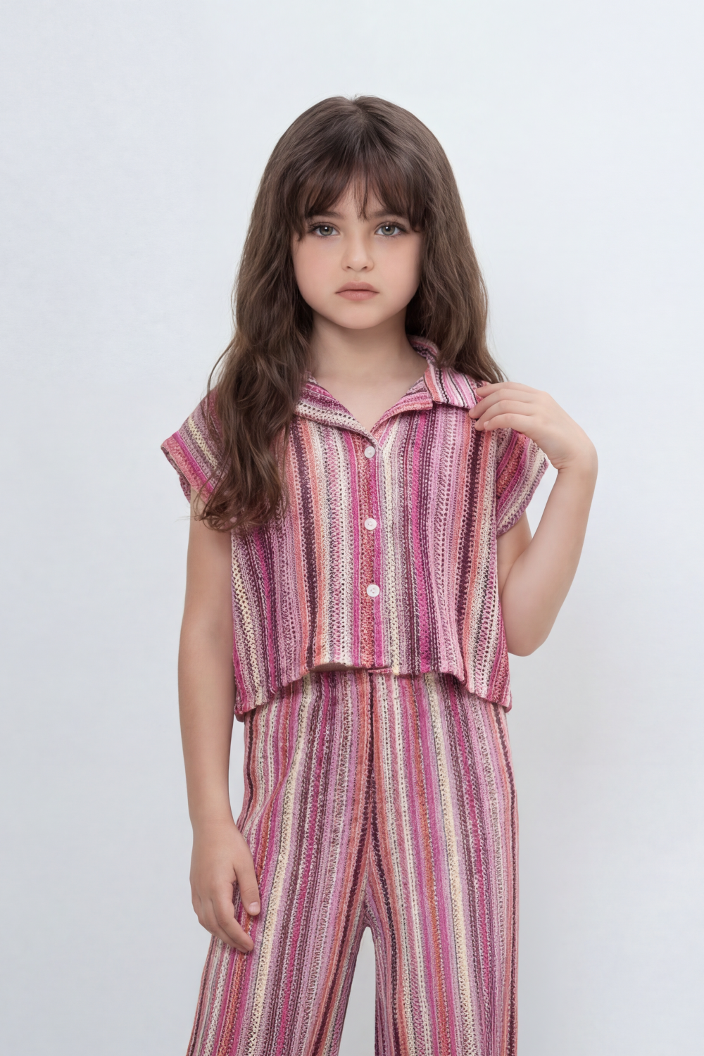 Girl's Tomato Store Prism Stripe Co-Ord Set With Allover Space Dyed Stripe Pattern Raised Rib Texture Outfit