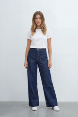Women's Tomato Store Utility Pocket Jeans Wide Leg Denim Silhouette Front Patch Pocket Detail