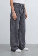 Women’s Tomato Store Tie Waist Wide Leg Jeans Acid Wash Pants Self Fabric Belt Detail