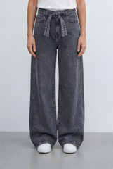 Women’s Tomato Store Tie Waist Wide Leg Jeans Acid Wash Pants Self Fabric Belt Detail