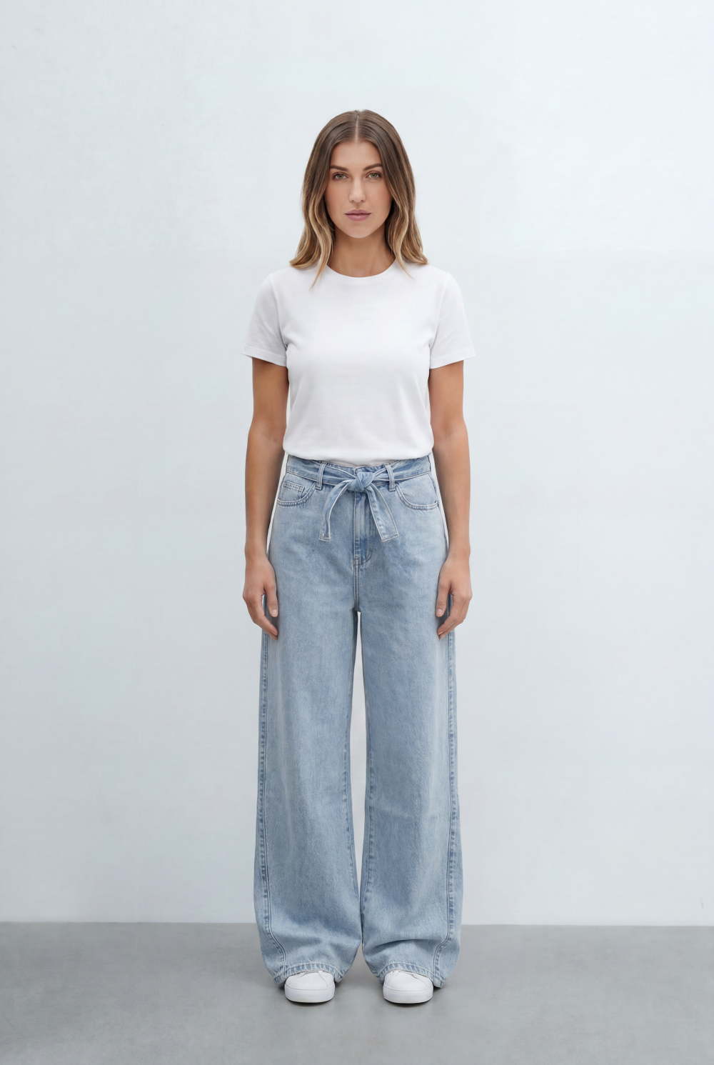 Women’s Tomato Store Tie Waist Wide Leg Jeans Acid Wash Pants Self Fabric Belt Detail