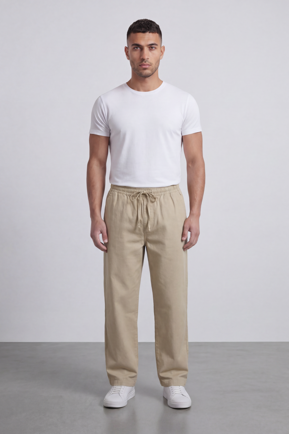 Men's Tomato Store Linen Blend Pants Elastic Drawstring Waist Natural Woven Texture Wide Leg