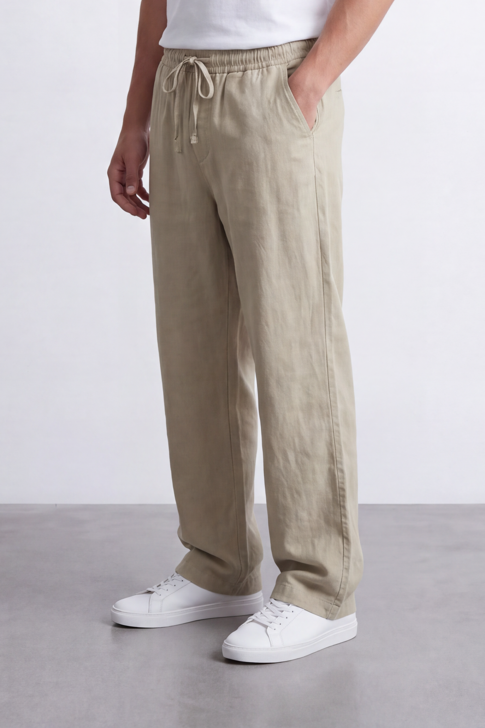 Men's Tomato Store Linen Blend Pants Elastic Drawstring Waist Natural Woven Texture Wide Leg